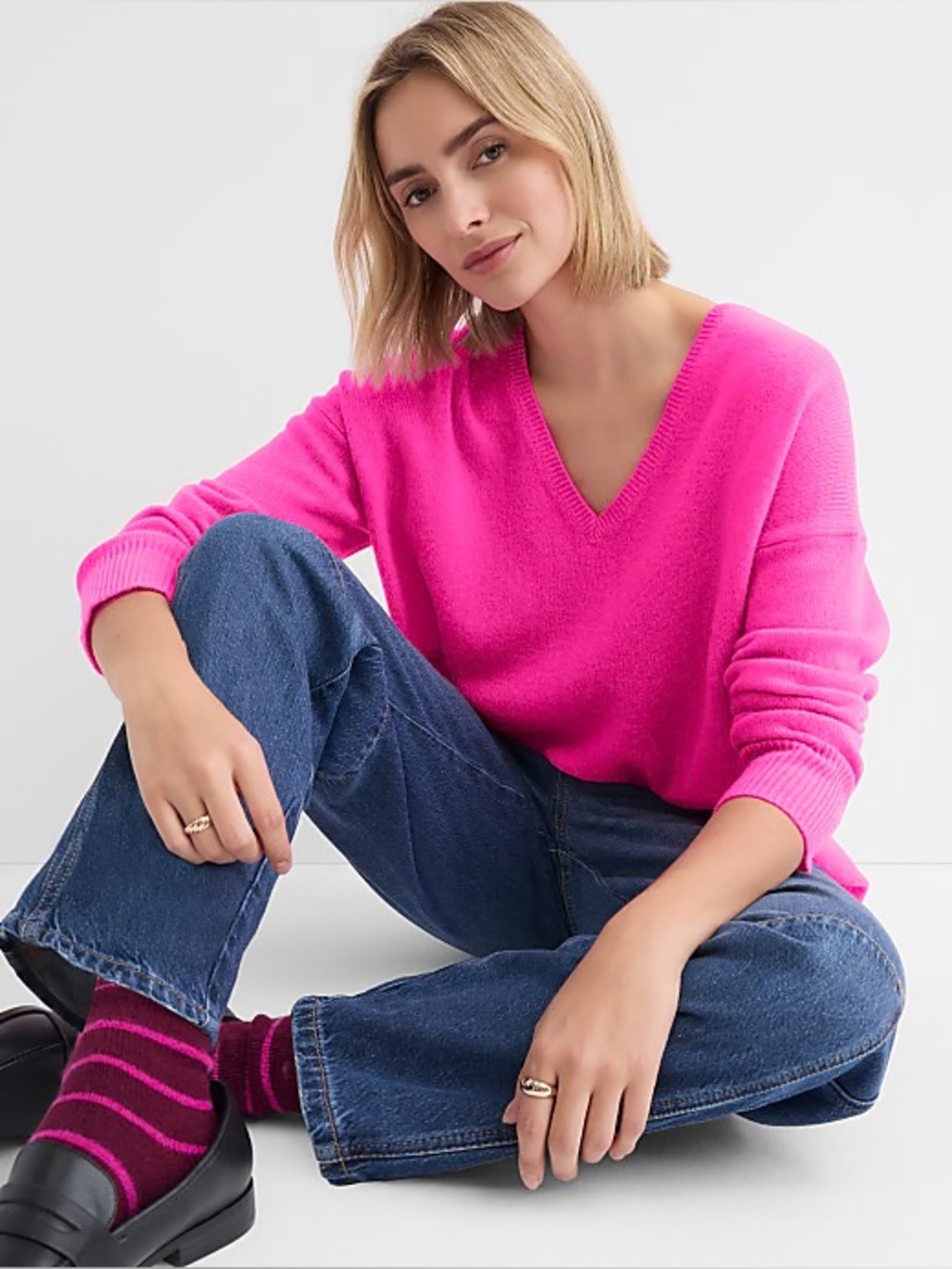 LOFT Hot Pink V Neck Long Sleeve Knit Lightweight Sweater Size Small